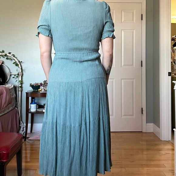 Sweet Wanderer Teal Tiered Midi Dress with Tie Neck - Picture 7 of 16